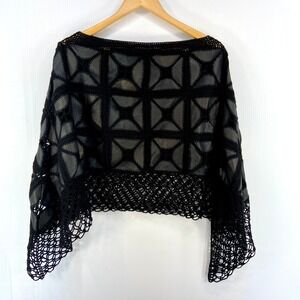 Black Leather and Crochet Patchwork Poncho Cape